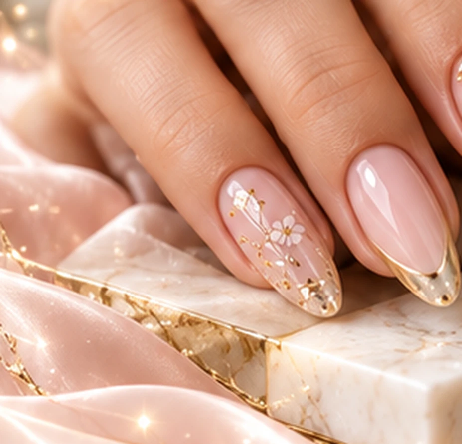 Elegantes roséfarbenes Nageldesign mit goldenen Details
